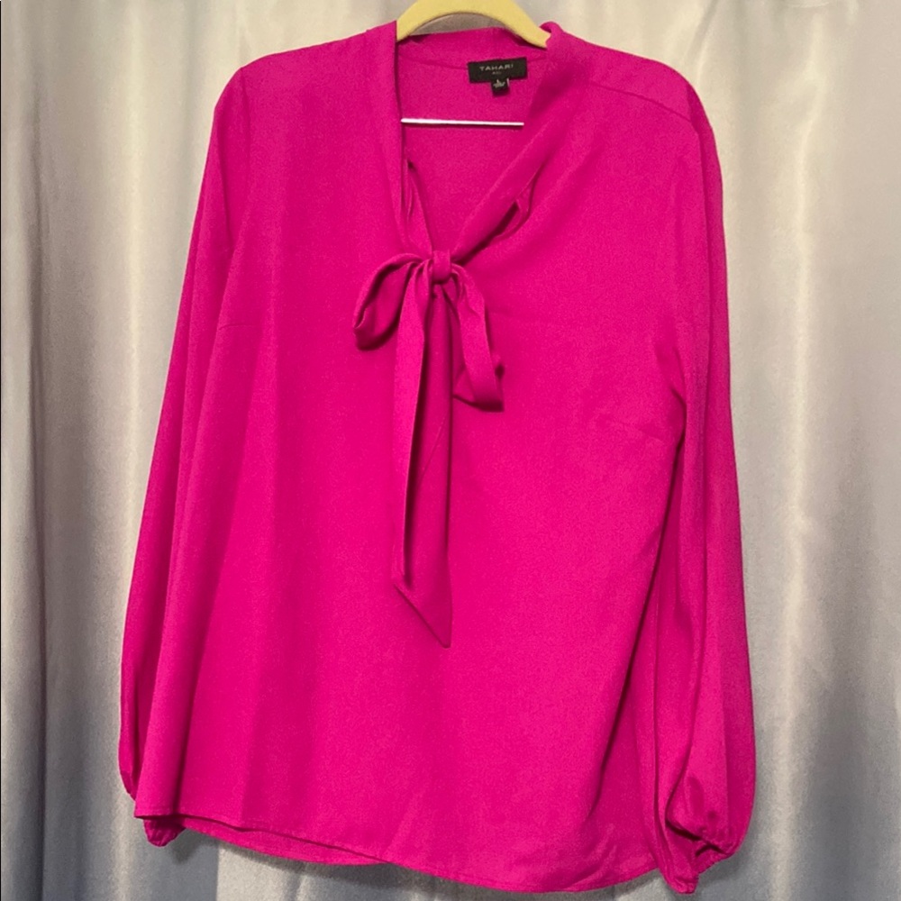 Tahari Pink Tie Front Blouse with Flowing Sleeves